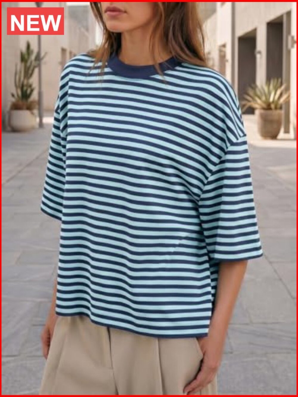 Oversized Striped Drop Shoulder Tee - Color Block Short Sleeve Crewneck Y2K Top - Picture 2 of 6